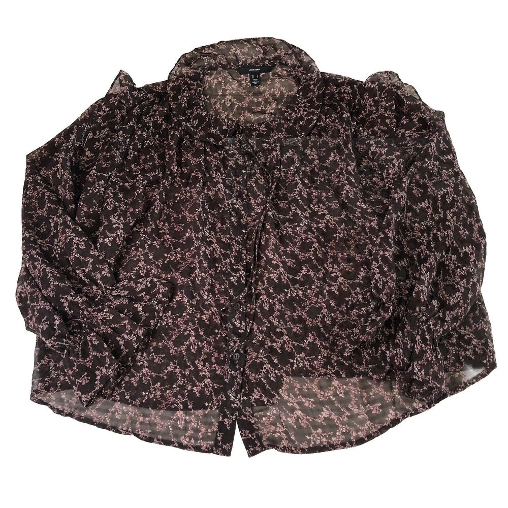 Vero Moda Sheer Floral Ruffle Blouse Black Rose Chiffon Button Front Large